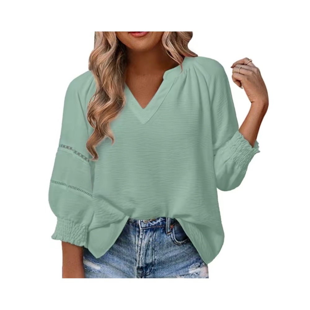 Dokotoo Womens Sage Green V-Neck Crochet Eyelet Lantern Sleeve Blouse XL New